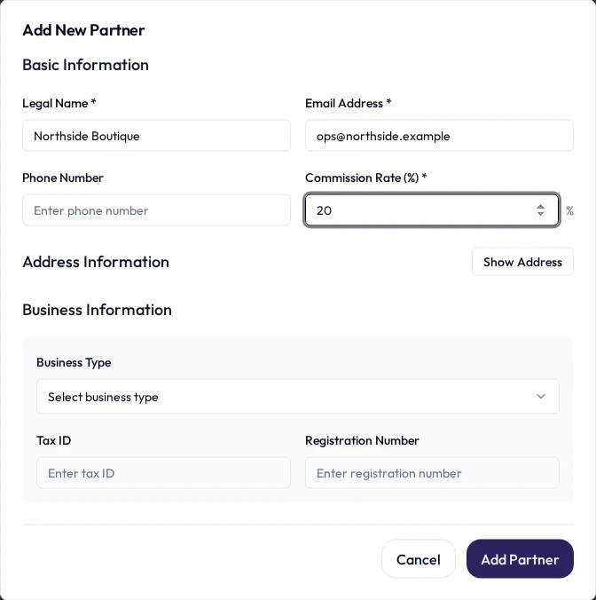 The Add New Partner form with legal name, email address, phone number, commission rate as a percentage, and optional address and business information.