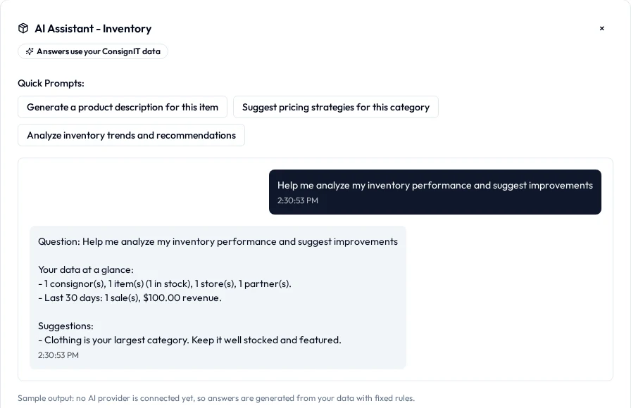 The AI Assistant for inventory, with quick prompts, an answer summarising the business's own data, and a note that the answer is sample output because no AI provider is connected yet.