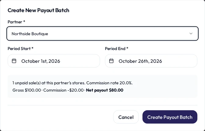 The Create New Payout Batch form: partner, period start and end dates, and a summary showing the unpaid sales, commission rate, gross, commission and net payout.