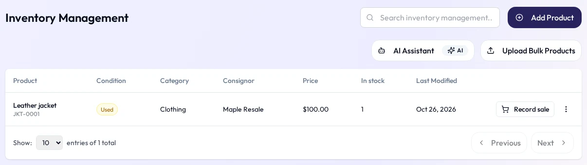 The Inventory Management table listing a product with its code, condition, category, consignor, price, quantity in stock and a Record sale button.