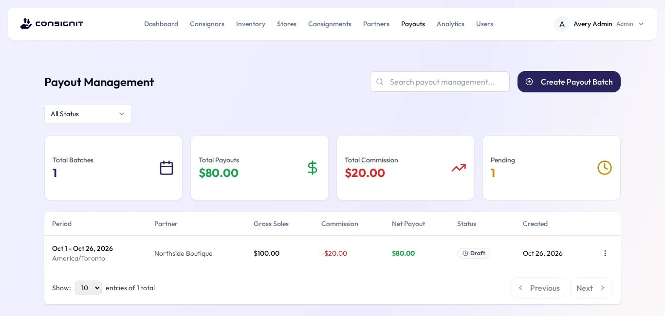 Payout Management: totals for batches, payouts, commission and pending, above a table with the period, partner, gross sales, commission, net payout and a Draft status.