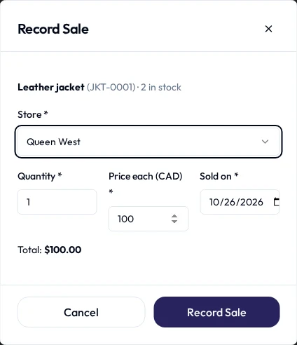 The Record Sale form: store, quantity, price each in Canadian dollars, the date it sold, and the total.