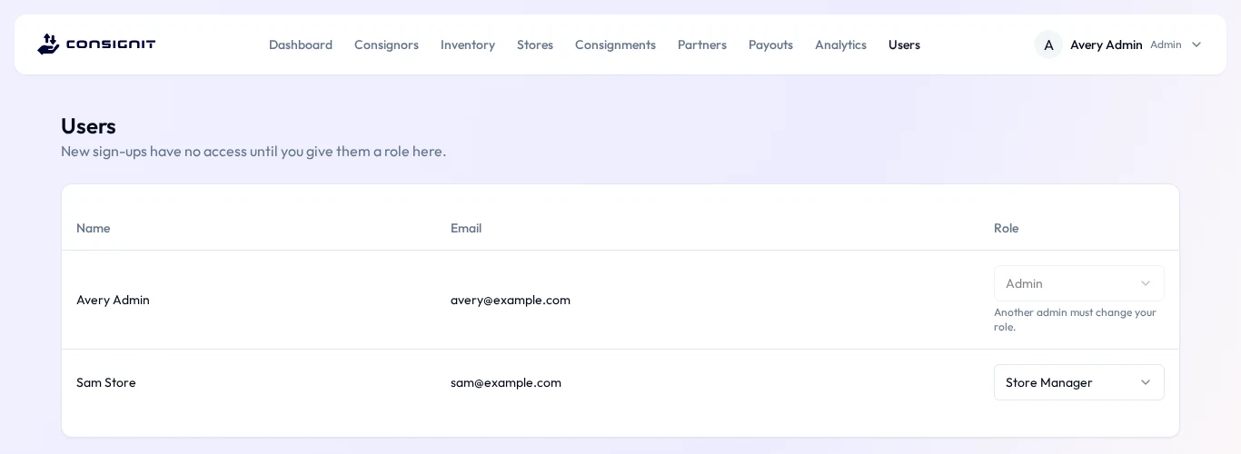 The Users page, where an admin picks a role for each person who has signed up. The admin's own role can only be changed by another admin.